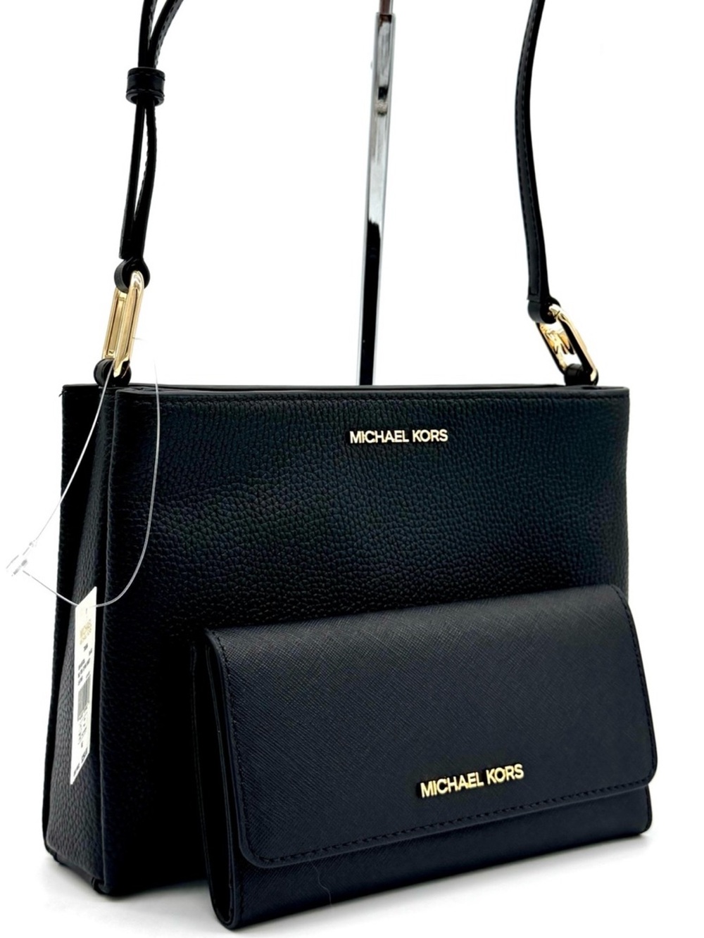 Michael Kors Trisha Medium Crossbody Bag w Matching Trifold Wallet Black/Gold